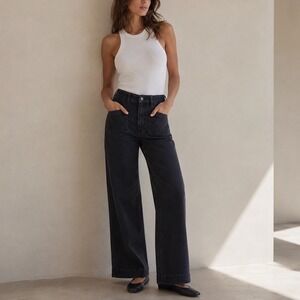 Faherty Stretch Terry Patch Pocket Pant Womens 29 Onyx Black Wide Leg High Rise